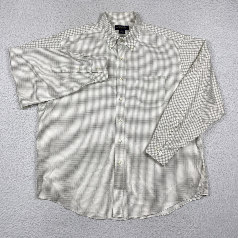 Brooks Brothers Shirt Men XL Cream White Grid Check Vintage USA Preppy Old Money